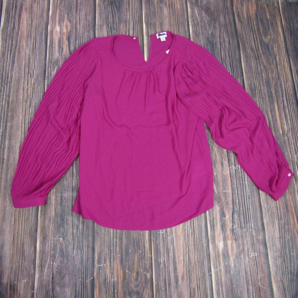 J Crew Shirt Womens Small Purple Pleated Sleeve‎ Split Neck Blouse Top Polyester